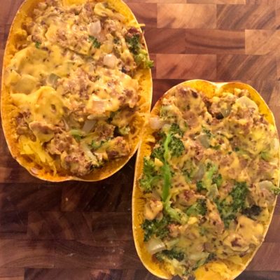 Broccoli Cheddar Stuffed Spaghetti Squash