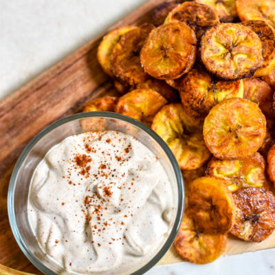 Baked Plantain Chips with Creamy Chili Dip