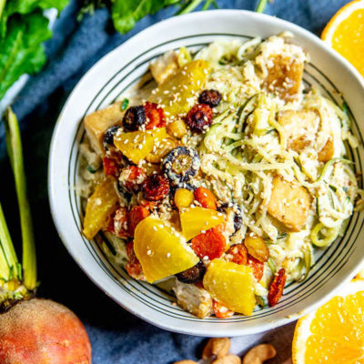 Orange Cashew Sesame Tofu Zoodle Bowls