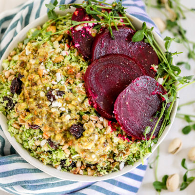 Lemon Pistachio Shredded Brussels Sprout Beet Salad