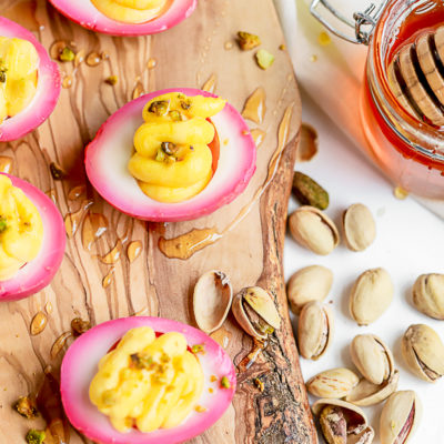Beet Pickled Goat Cheese Deviled Eggs