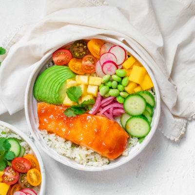 Honey Sriracha Salmon Rainbow Rice Bowls